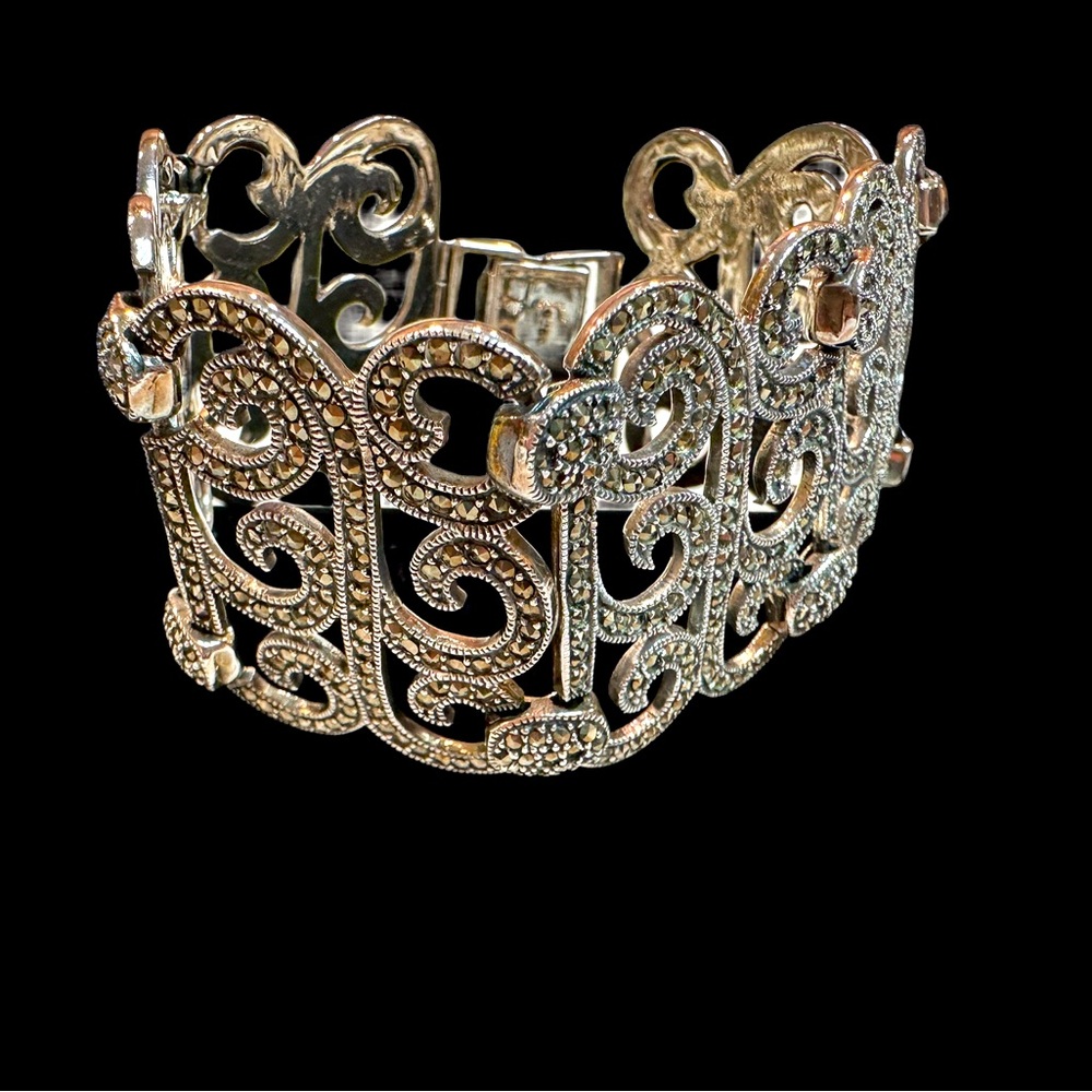 STATEMENT BRACELET Sterling Silver Marcasite Stunning Wide Chunky